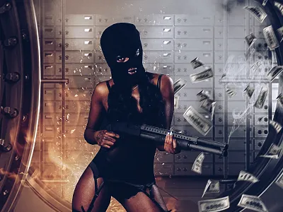 Bank Job | Retouchlab.net creative retouching digital art digital artist fashion gun model money retoucher retouching