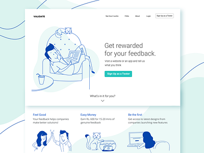 Validate - Platform for User Testing be a tester illustration landingpage ui design usertesting ux design validate website design