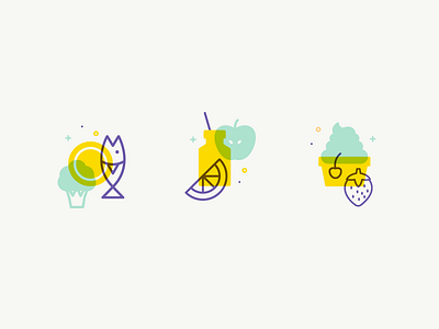 Icon set apple broccoli cherry dessert dish fish food icon orange outline strawberry vector