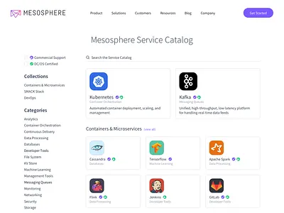 Mesosphere Service Catalog Website analysis app appstore containers dashboard data developer kubernetes marketplace tools ui