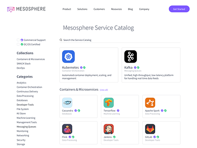 Mesosphere Service Catalog Website analysis app appstore containers dashboard data developer kubernetes marketplace tools ui