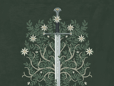 Anduril book cover clean detailed fantasy floral illustration layout lotr medieval sword tolkien tree