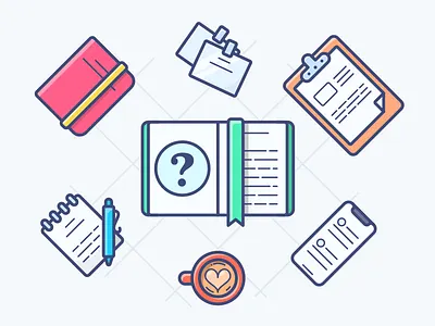 FAQ book coffee desk e commerce faq icon illustration notebook paper pen table vector