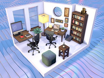 SF Home Office 3d c4d isometric office pastel room vaporwave