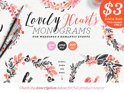 Lovely Hearts Monograms IV blush dark illustration logo monogram noir pastel watercolor wedding wedding design wedding illustration wedding invitation