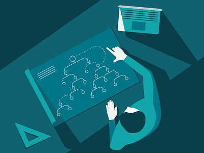 Building an Advocacy Program blueprint digital illustration overhead person perspective shadows table