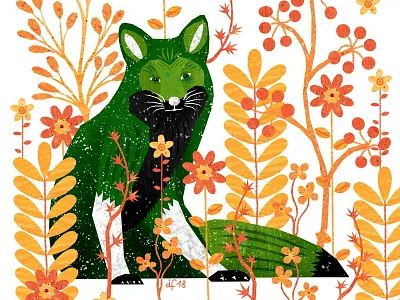 Green Fox, Orange Flowers animals flowers fox green illustration orange plants vice versa