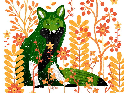 Green Fox, Orange Flowers animals flowers fox green illustration orange plants vice versa