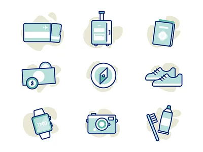 Travel Icons airport camera icons illustration luggage passport ticket toothbrush travel watch