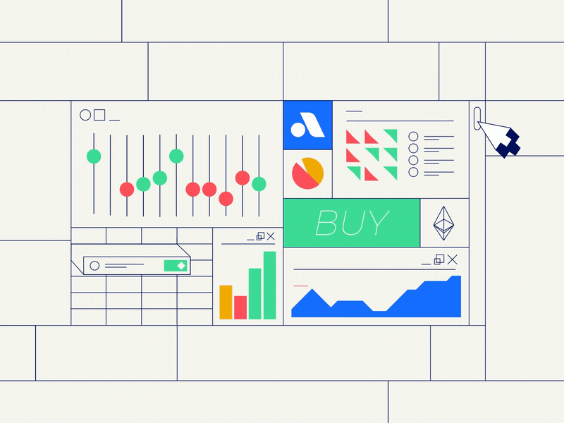 Algory explainer snippet #1 after effects animation bitcoin cryptocurrency dashboard ethereum explainer illustration long shadows mograph motion design token