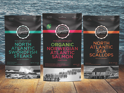 Cape Gourmet Signature Seafood Packaging black and white branding cape gourmet design graphic design logo logo design packaging packaging design seafood seal waves