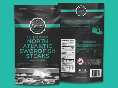 Cape Gourmet Signature Seafood North Atlantic Swordfish Steaks black and white branding cape gourmet design graphic design logo logo design packaging packaging design seafood seal waves