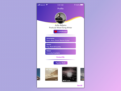 Daily UI #006 - Profile Page dailyui dailyui6 ixd musician sketch. adobe xd social network ui. uxd user centred design user interface ux