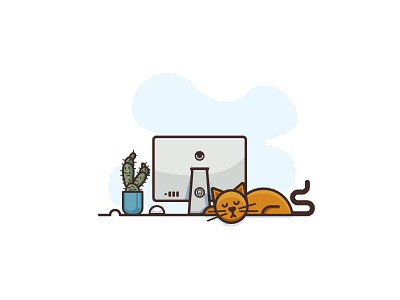 Lazy Day blue cactus cat flat design illustration lazy mac minimal pets simple sleep work