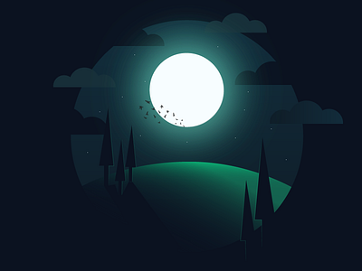 Moon 365 birds green hill illustrator moon trees