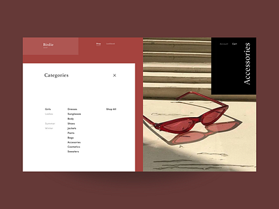 Birdie Fashion Store Categories Open Menu accessories categories e commerce fashion glasses grid interface list menu shop ui ux