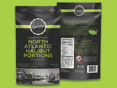 Cape Gourmet Signature Seafood Halibut bags black and white branding cape gourmet graphic design logo logo design packaging packaging design seafood seal waves