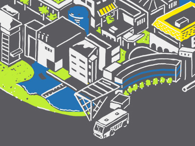 Architecture Mural Illustration Crop 2 architecture art building bus color digital drawing illustration isometric mural wall