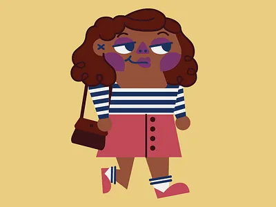 Striped sweater, pink skirt. cute fashion flat geometric girl hair illustration