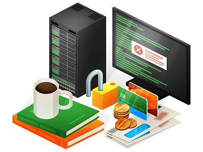 "The Old Way" Illustration books cards coins computer envelopes error illustration monitor mug office padlock server