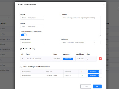 Equipment Management Software design equipment management modal