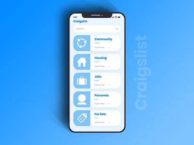 Craigslist iOS Mobile App animation card craigslist flat gallery grid list material mobile scrolling search