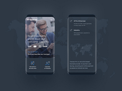 Transact Pro dark fintech geometric map mobile pattern payments transact