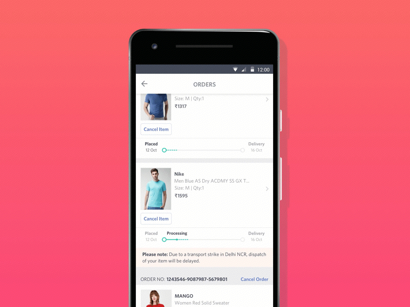 Orders list app design fashion fashion ecommerce mobile design myntra orders orders list returns timeline track orders tracking