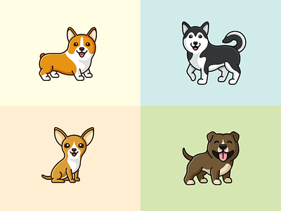 Dog Breeds Set adopt adoption animal breed cartoon comic character mascot chihuahua pitbull corgi dog cute adorable fun funny logo illustration pet puppy siberian husky symbol icon