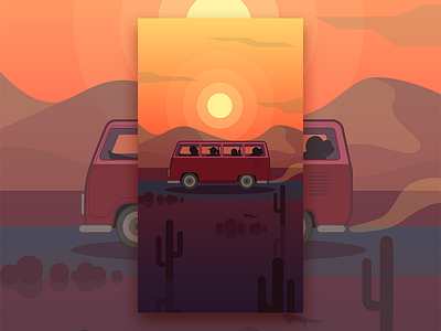 Bus Tour 1 Desert bus desert illustration orange red road sunset tour travel vector