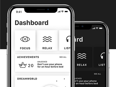 Dreamworld app black dark theme darkmode dream games lightmode meditation relaxation sleep white