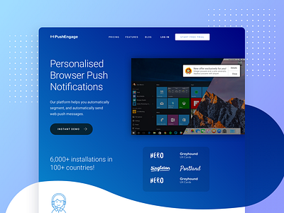 PushEngage Landing Page blue homepage landing push notifications pushengage whitespace