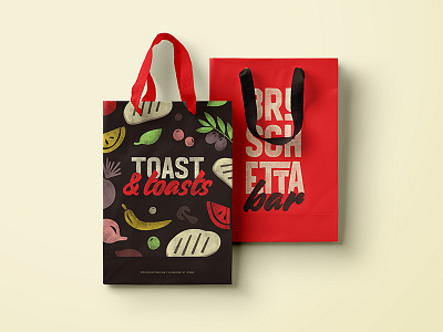 Bruschetta Bar Bags branding bruschetta flat graphic illustrations logo menu pattern restaurant branding typography vector