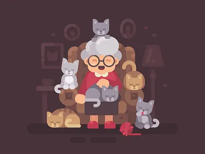 Grandma cartoon cat character design flat grandmother granny illustration lady old vector woman