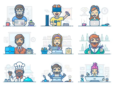People At Work artist character designer icon illustration programmer set support vector work workspace writer
