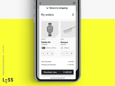 LESS · curated shopping app (concept) 4/4 app cart concept cool design iphone x minimal minimalism mobile objects shopping ui