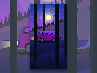 Bus Tour 2 Forest blue bus forest illustration moon purple road tour travel vector