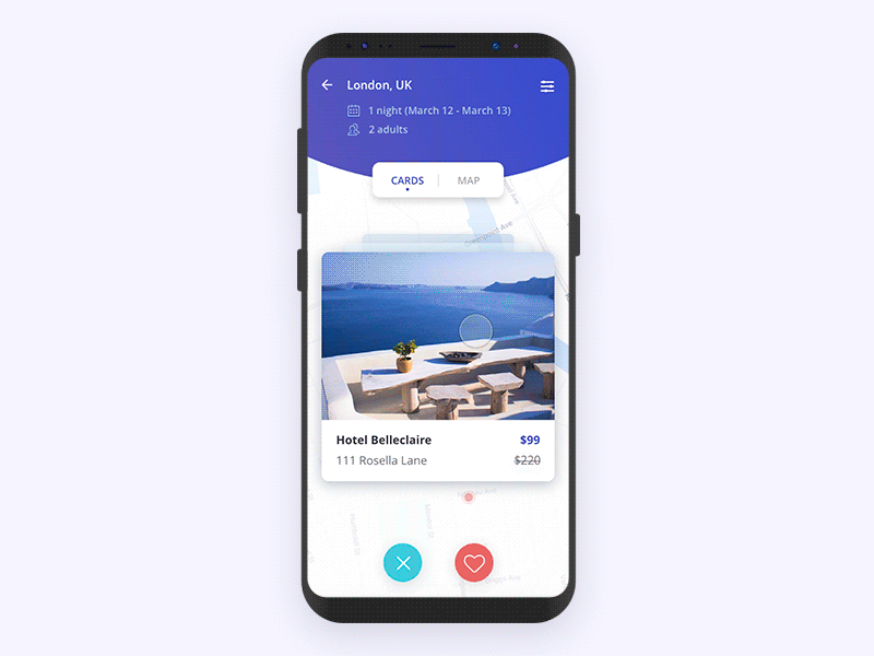 Tinder-Like Koloda Animation for a Hotel Booking App android animation hotel hotelbooking hotelsearch tinderswipe ui ux yalantis