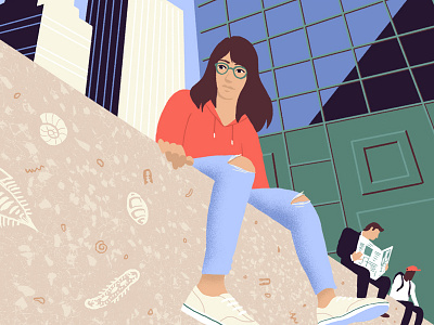 Atlas Obscura - Finding Fossils in the City buildings character development city editorial fossil geology girl illustration looking scientific storyboard urban