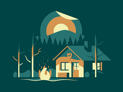 The Cabin bonfire cabin camp fire light mountain night sticker sunset tree