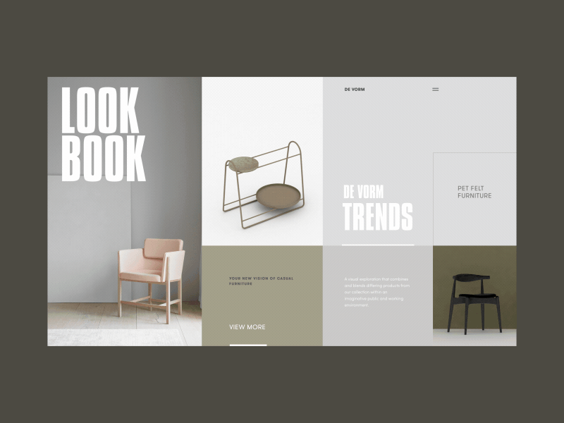 DeVorm Lookbook Horizontal Scroll Animation anim animation chairs collection exhibition furniture interior lookbook promo ui ux website