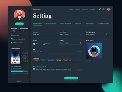 Bookino Setting Page Concept dailyui material design profile setting web