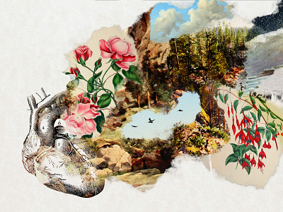 Affections collage fauna flora heart mixed media