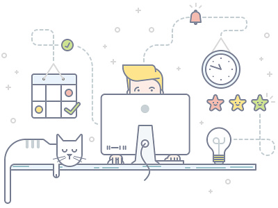 Schedule - Front-page Illustration bell bulb calendar cat clock desk friend guy idea notification work