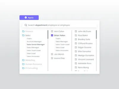Department/employee selection widget analytics calendar chart chat dashboard data keyword report sentiment transcript website widget