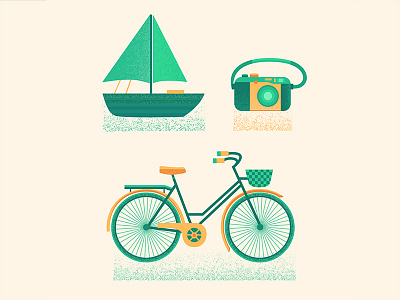 Summer beach bike camera flat icon illustration marine photo season ship summer sun