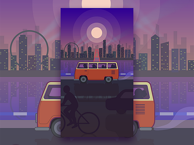 Bus Tour 3 City bus city illustration moon purple river road skyline vector