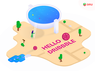 Hello Dribbble! colour debut design first green illustration isometric land nature