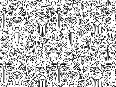 All bugs beetle black black and white butterfly cricket dragonfly flowers garden insects outline white