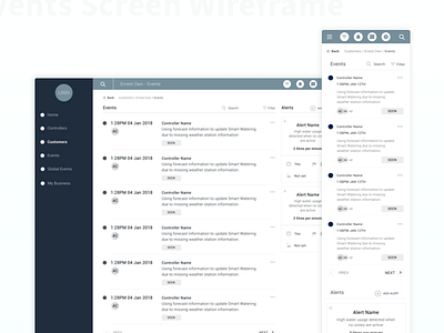 Events Screen app card dashboard design product structure table ux web wireframe